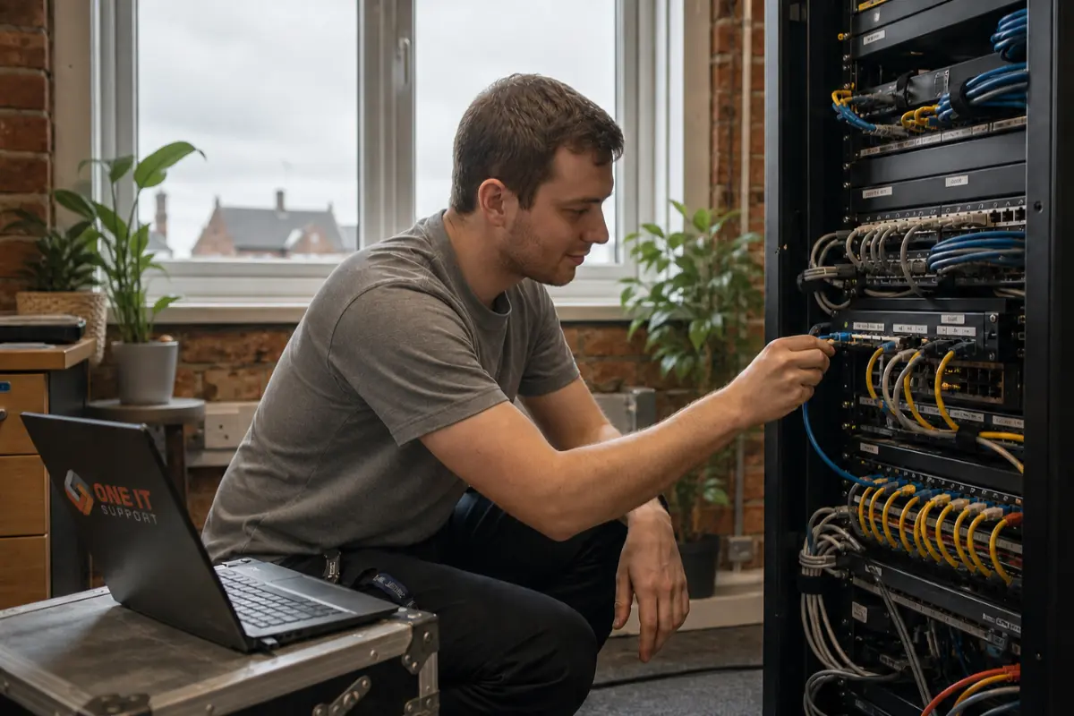 IT support engineer patching a network cable into a server rack